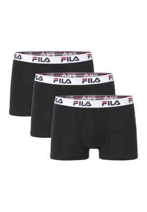 Drei schwarze Herren-Boxershorts mit weißen elastischen Bund mit dem FILA-Logo in Rot und Marineblau.