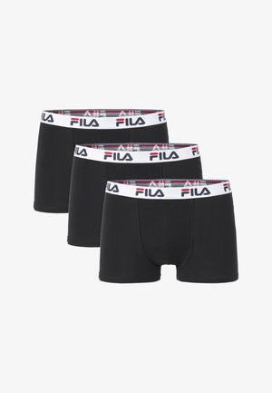 Drei schwarze Herren-Boxershorts mit weißen elastischen Bund mit dem FILA-Logo in Rot und Marineblau.
