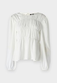 Blusa bianca realizzata in tessuto liscio, con corpino arricciato, maniche lunghe a sbuffo e chiusura a bottone sul retro.