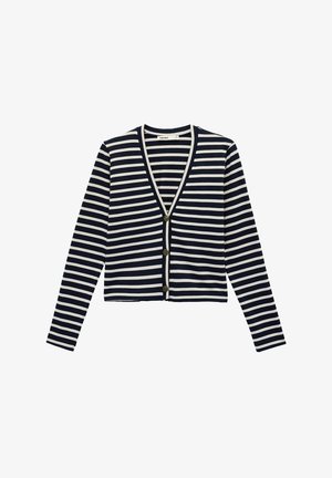 Marineblauw-witte horizontale gestreepte cardigan met lange mouwen, V-hals en drie knopen aan de voorkant.