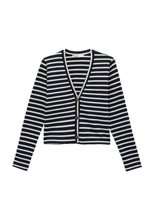 Marineblauw-witte horizontale gestreepte cardigan met lange mouwen, V-hals en drie knopen aan de voorkant.