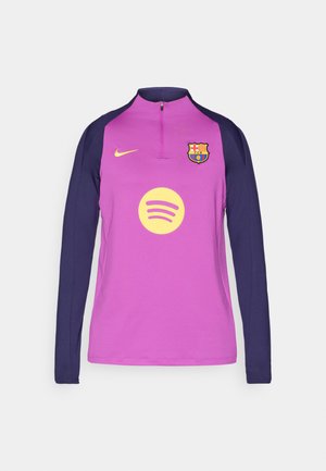 Maglioncino da allenamento di calcio viola a maniche lunghe con dettagli in blu navy, colletto a mezza zip, logo Nike e stemma del Barcellona, caratterizzato da un logo giallo di Spotify.