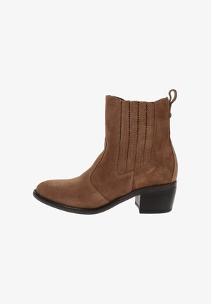 Braune Wildleder-Ankle Boots mit leicht spitz zulaufender Zehenpartie, elastischen Seitenpaneelen und einem gestapelten Absatz. Mit Ziernähten an den Seiten.