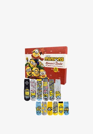 Set di calzini da donna a tema Minions in una scatola colorata. Include 12 paia con vari design raffiguranti i cartoni animati dei Minions, realizzati in una miscela di cotone e poliestere.