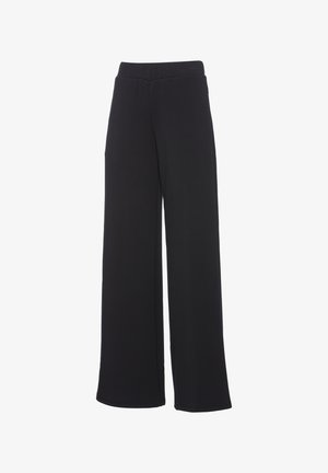 Wide-leg black pants made of soft fabric, featuring an elastic waistband and no visible pockets or embellishments. Smooth texture.