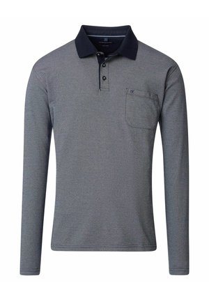Langarm-Polohemd in Dunkelgrau mit einem marineblauen Kragen. Verfügt über eine Brusttasche und ein strukturiertes Gewebe. Knopfleiste mit kontrastierender Naht.