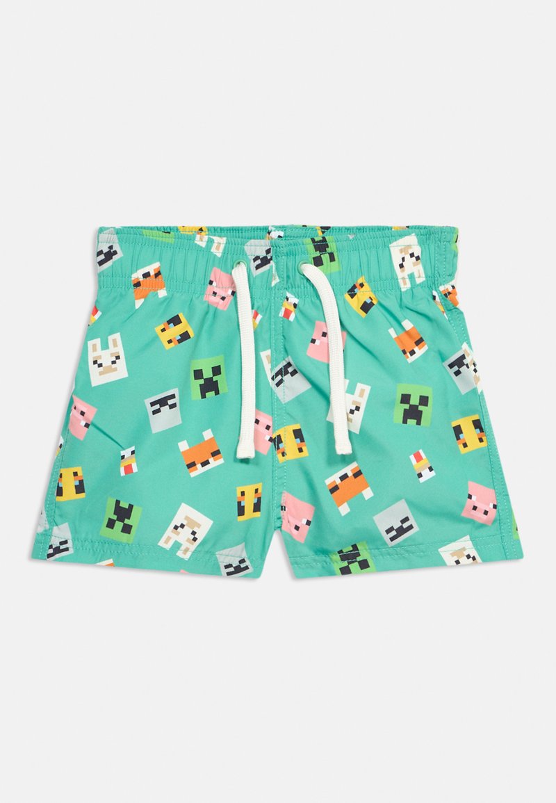 Παιδικά μπλε-πράσινα μαγιό σορτς με λευκό κορδόνι και πολύχρωμα pixel ζωάκια τυπωμένα παντού.