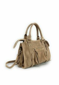 Sac à main en daim tan avec deux poignées supérieures, une bandoulière amovible, des détails zippés et des poches, ainsi que des accents en métal doré.