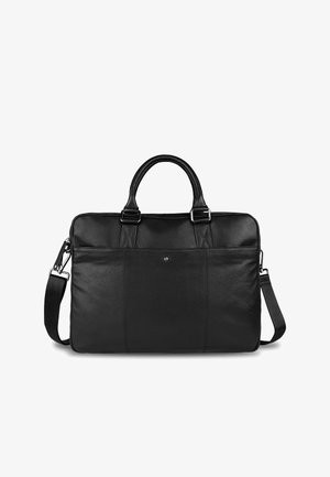 Black leather briefcase with double handles, detachable shoulder strap, and front pocket, shown against a white background.