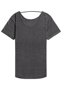 Gray short-sleeve T-shirt with a deep scoop neck, made from soft fabric, featuring a smooth texture and minimal design, no patterns or accents.