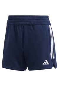 Marineblauwe sportshorts met een gestructureerde afwerking, voorzien van een elastische tailleband, zijzakken en witte accentstrepen langs de zijkanten.