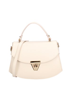 Handtas van crèmekleurig leer met bovenaan handvat, verstelbare schouderriem en gouden driehoekige draaivergrendeling op de voorste klep.