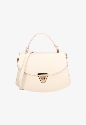 Handtas van crèmekleurig leer met bovenaan handvat, verstelbare schouderriem en gouden driehoekige draaivergrendeling op de voorste klep.