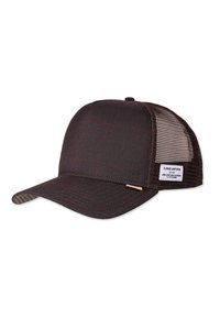 Braun karierter Hut mit einer festen Vorderseite und einem Netzrücken. Verfügt über einen gebogenen Schirm und ein kleines Etikett an der Seite. Strukturiertes Material mit roten Akzenten.