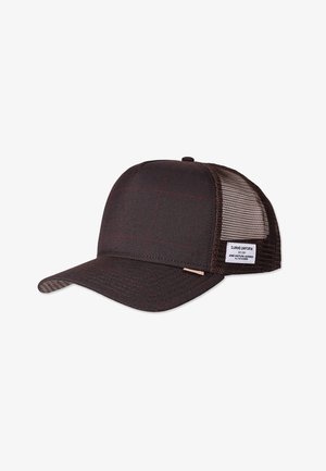 Brown plaid cap with a solid front and mesh back. Features a curved brim and a small tag on the side. Textured fabric with red accents.