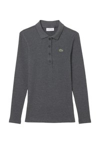 Polo à manches longues en gris foncé, en tissu côtelé, avec une patte de boutonnage à trois boutons et un logo crocodile vert Lacoste sur la poitrine.