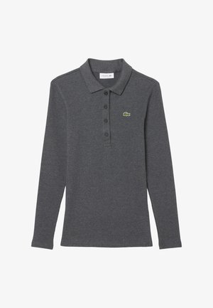 Langarm polo-shirt in donkergrijs, gemaakt van ribgebreide stof, met een drie-knopssluiting en een groen Lacoste krokodillenlogo op de borst.