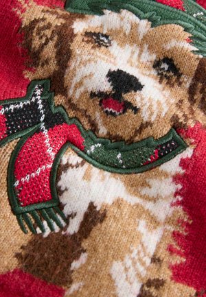 Strickpullover mit einem braun-weißen Hundedesign und einem roten Schal auf rotem Hintergrund. Texturiertes Strickmuster und lebendige Farben.