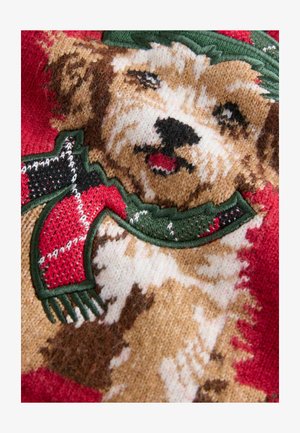 Neulepaita, jossa on ruskea ja valkoinen koirakuvio punaisella huivilla punaisella taustalla. Korkealuokkainen neule ja kirkkaat värit.