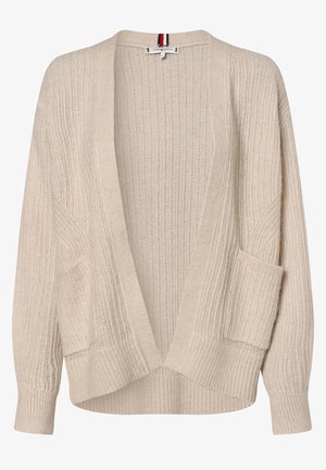 Cardigan beige tricoté à ouverture frontale, manches longues, poignets côtelés, deux poches avant et une étiquette rayée à l'intérieur du col.