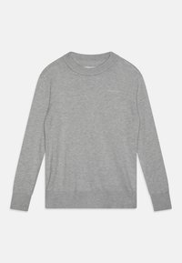 Gray knit pullover sweater with a ribbed collar, cuffs, and hem. Features a subtle logo stitched on the chest. Soft texture, classic fit.