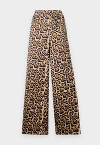 Bredder leopardmønstrede bukser i beige og sort, med elastisk talje og en glat tekstur.