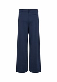 Wide-leg navy pants made of textured fabric, featuring a waistband and back pocket, with a clean finish and tailored design.