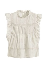 Blouse en coton blanc avec des manches volantées, un devant plissé, des détails brodés et des accents en dentelle le long de l'encolure et de l'ourlet.