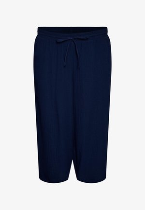 Pantalon ample bleu marine longueur genou avec taille élastique et cordon de serrage réglable, fabriqué en tissu léger texturé.