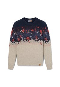 Beżowy sweter z dzianiny z wzorzystym jodełkowym dekoltem w kolorze granatowym, czerwonym i kremowym. Okrągły dekolt, długie rękawy, ściągacze przy mankietach i u dołu. Posiada metkę z logo na dole.