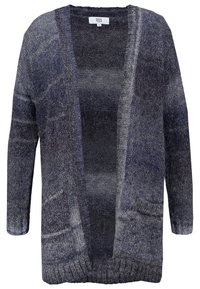 Lange, open voorkardigan in donkerblauwe en grijze tinten. Gemaakt van zachte, gestructureerde stof met een subtiel patroon en geribde manchetten. Voorzien van zijzakken.