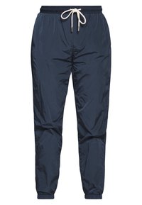 Marinblå lätta joggerbyxor med elastisk midja, vit dragsko, sidofickor och elastiska muddar.