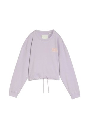 Fliederfarbener, langärmeliger Cropped-Sweatshirt mit dem Schriftzug „slow down“ in hellem Pfirsich auf der linken Brust und verstellbarem Kordelzug am Saum.