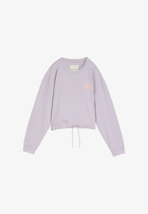 Sweat-shirt court à manches longues lilas avec le texte « slow down » en pêche claire sur la poitrine gauche et ourlet réglable avec cordon.