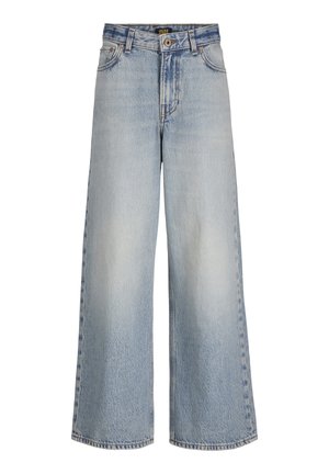 Jean large bleu clair en denim, avec une taille haute, une fermeture à bouton à l'avant, et un style classique à cinq poches avec un effet délavé.