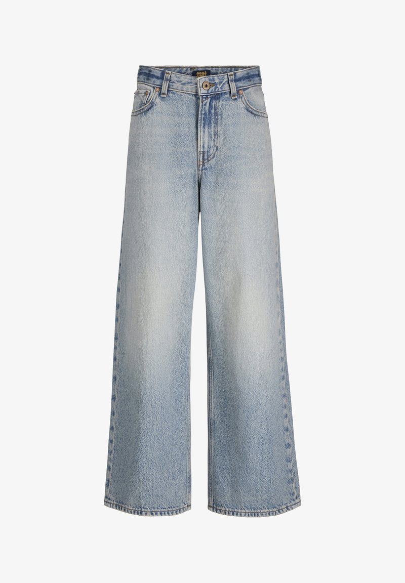 Jeans de perna larga em azul claro, feitos de denim, apresentando uma cintura alta, fecho frontal com botão e um estilo clássico de cinco bolsos com lavagem desbotada.