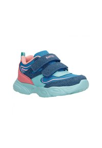 Blaue, rosa und aqua-farbene Kinder-Sneaker mit doppelten Klettverschluss-Riemen, strukturiertem Stoff und dicken Gummisohlen mit runden Mustern.