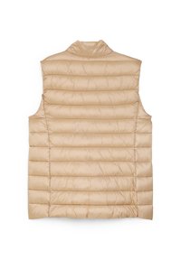 Beżowa kamizelka puchowa z wysokim kołnierzem, poziomym pikowaniem i bez rękawów. Wykonana z lekkiego materiału, charakteryzująca się gładką fakturą.
