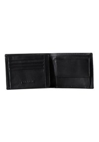 Black leather wallet with a smooth texture, featuring multiple card slots, a large pocket, and embossed branding on the inner side.