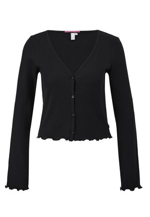 Black ribbed cardigan with a V-neck, long sleeves, and a cropped hem. Features button closure and wavy edge detailing along the cuffs and bottom.