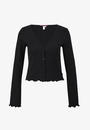 Black ribbed cardigan with a V-neck, long sleeves, and a cropped hem. Features button closure and wavy edge detailing along the cuffs and bottom.