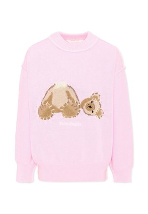 Różowy sweter dziergany z dużą grafiką oderwanej głowy i ciała misia, zszytych razem z przodu.