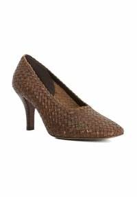 Brown woven leather pump with a pointed toe and a moderate heel, featuring a textured surface and smooth inner lining for comfort.
