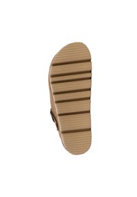 Semelle en caoutchouc beige avec des rainures et des reliefs horizontaux pour une meilleure adhérence. Forme incurvée avec un détail de fixation latérale.