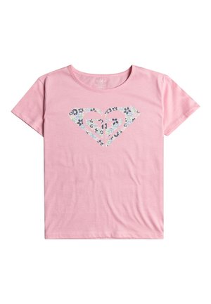 Rosa kurzärmeliges Mädchen-T-Shirt mit floral bedrucktem Roxy-Logo auf der Brust, Rundhalsausschnitt und glattem Baumwollstoff.