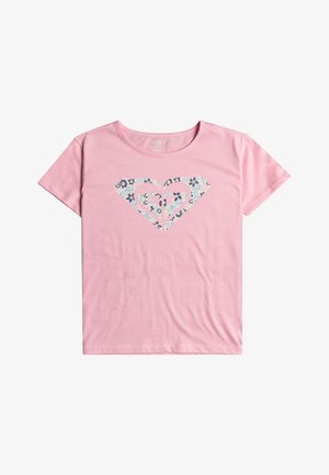 T-shirt rose à manches courtes pour filles, avec un logo Roxy à motif floral imprimé sur la poitrine, un col rond et un tissu en coton doux.