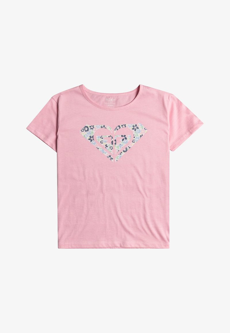 T-shirt rose à manches courtes pour filles, avec un logo Roxy à motif floral imprimé sur la poitrine, un col rond et un tissu en coton doux.