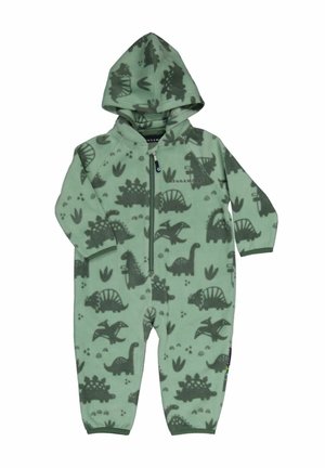 Fleece heldragt i lys grøn, med et dinosaur mønster i mørk grøn, samt lynlås foran og hætte. Lange ærmer og tætsiddende bund.