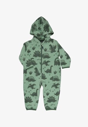 Fleece-Einteiler in Hellgrün, mit einem Dinosaurier-Muster in Dunkelgrün, mit einem Reißverschluss vorne und Kapuze. Lange Ärmel und eng anliegender Saum.