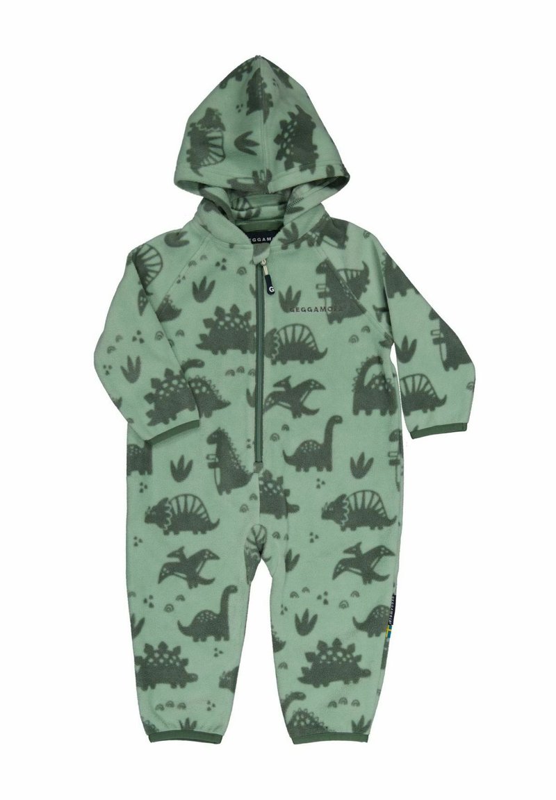 Yksiosainen fleecehaalari vaaleanvihreänä, tummanvihreällä dinosauruspainatuksella, jossa edessä vetoketju ja huppu. Pitkät hihat ja kapea alaosa.